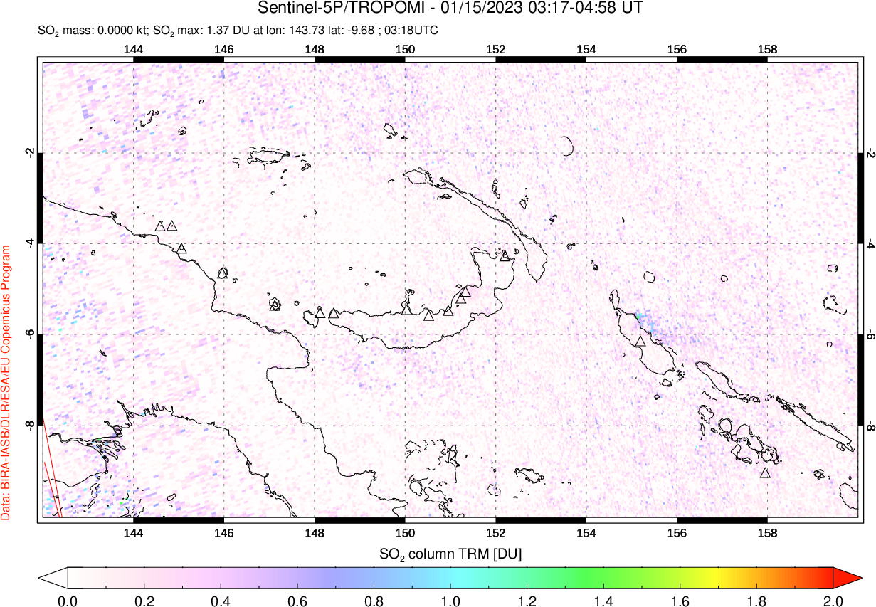 A sulfur dioxide image over Papua, New Guinea on Jan 15, 2023.
