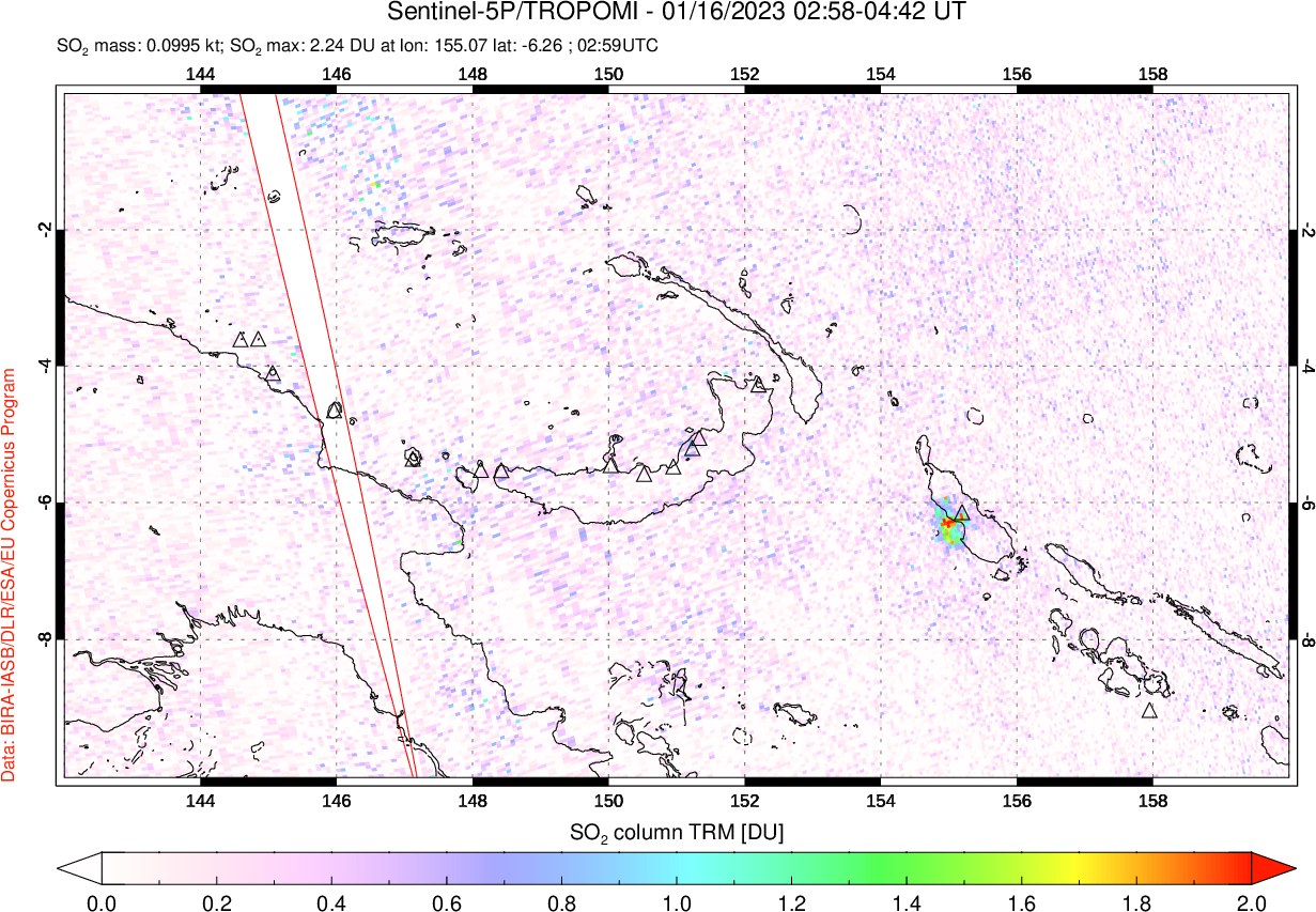 A sulfur dioxide image over Papua, New Guinea on Jan 16, 2023.