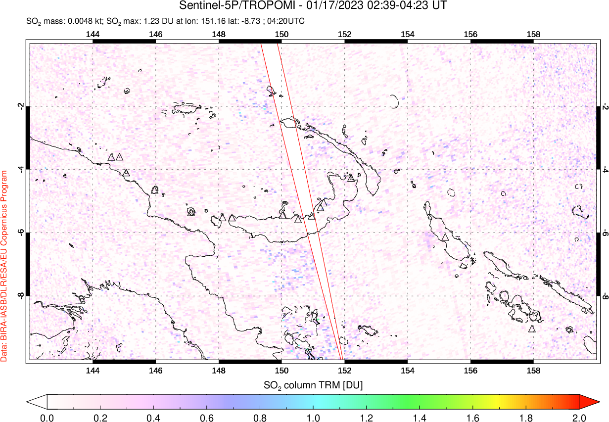 A sulfur dioxide image over Papua, New Guinea on Jan 17, 2023.