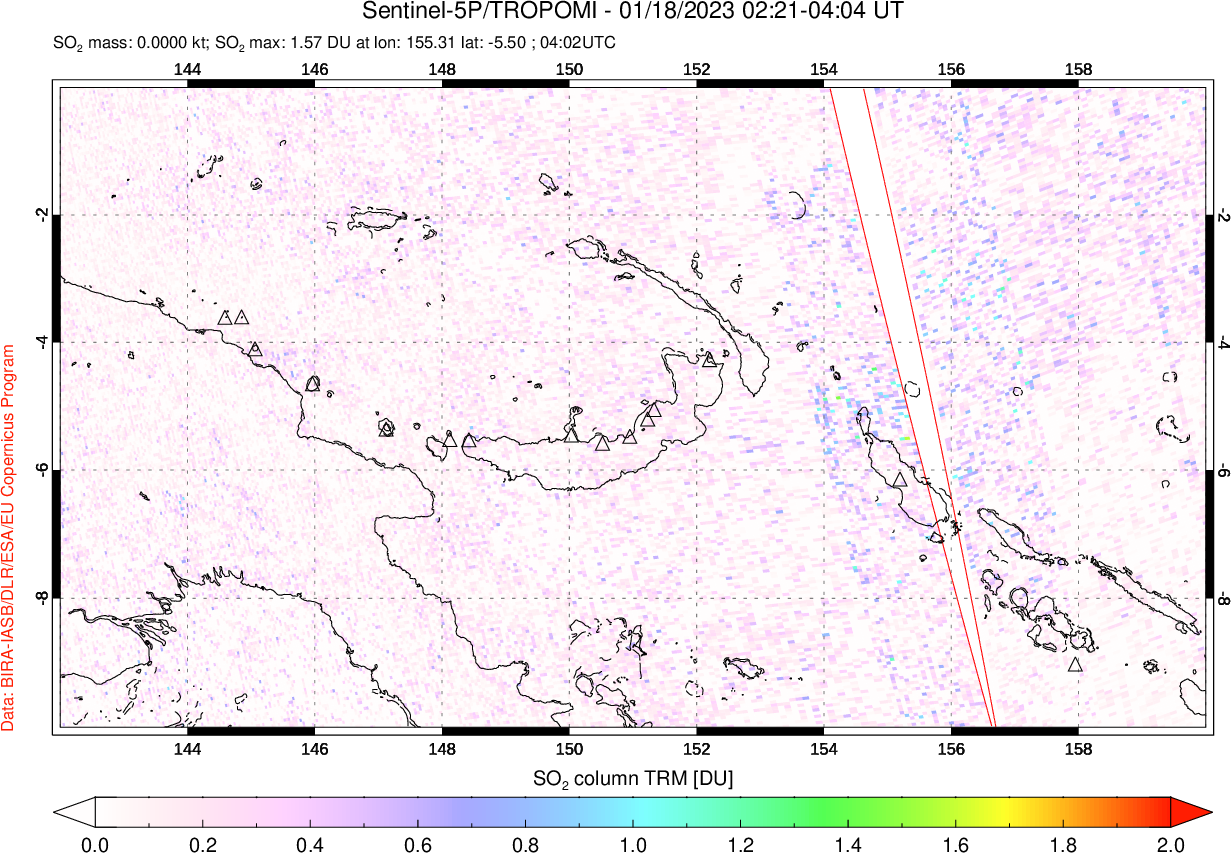 A sulfur dioxide image over Papua, New Guinea on Jan 18, 2023.