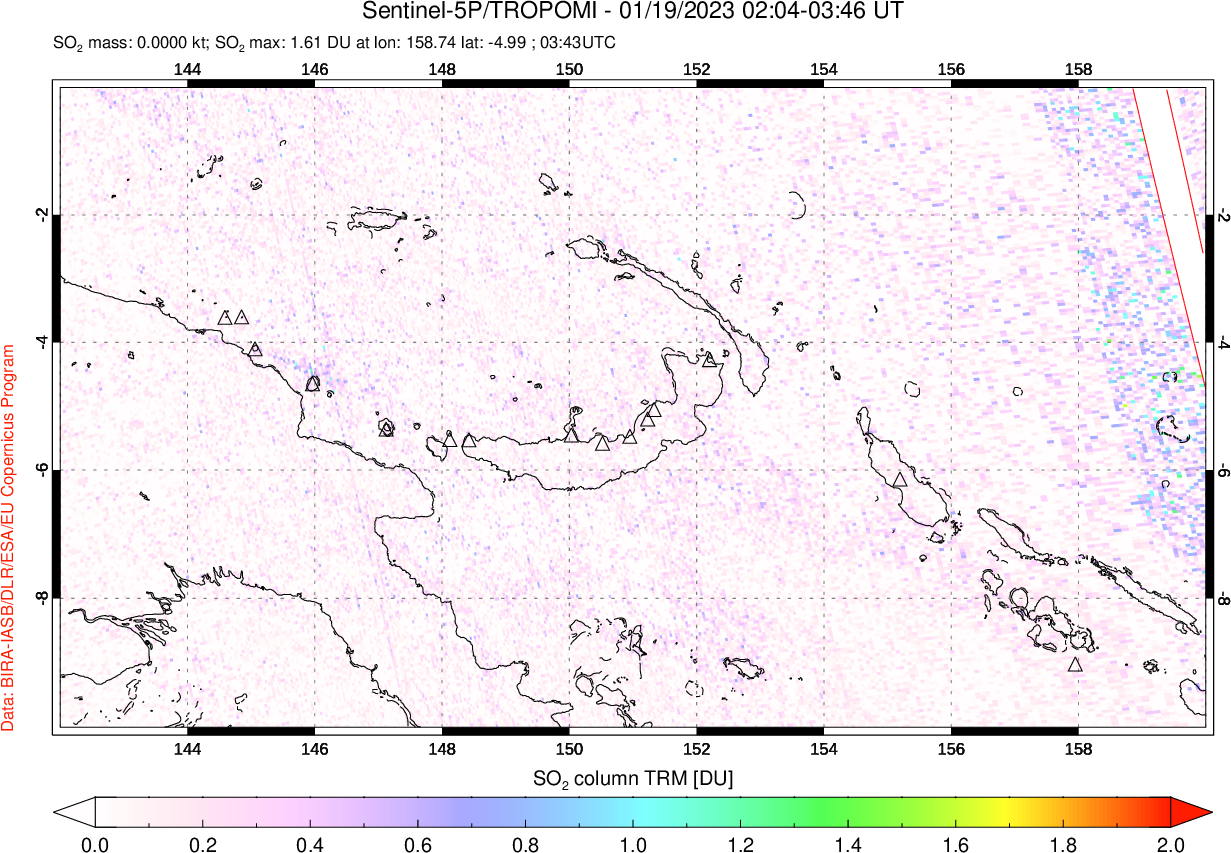 A sulfur dioxide image over Papua, New Guinea on Jan 19, 2023.