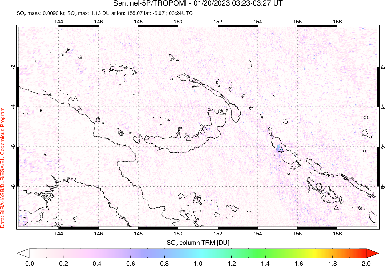 A sulfur dioxide image over Papua, New Guinea on Jan 20, 2023.