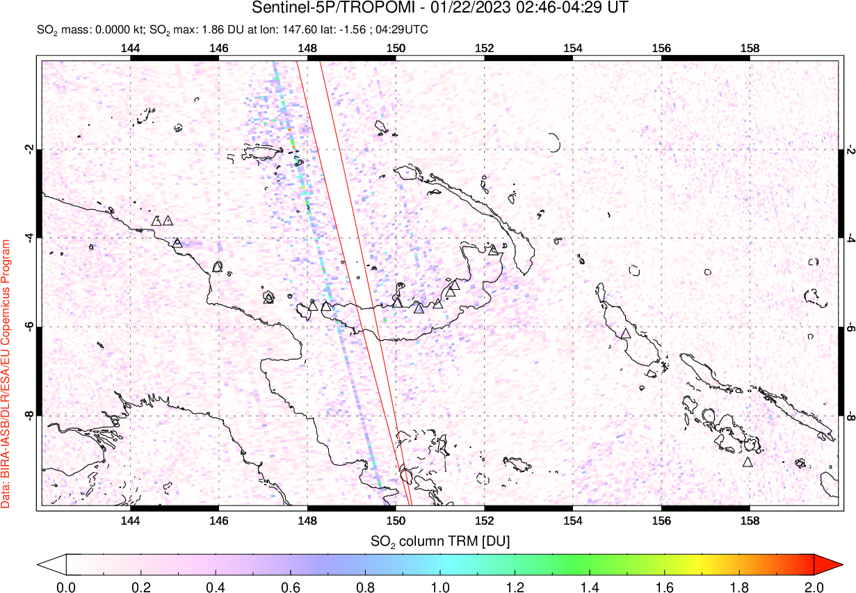 A sulfur dioxide image over Papua, New Guinea on Jan 22, 2023.