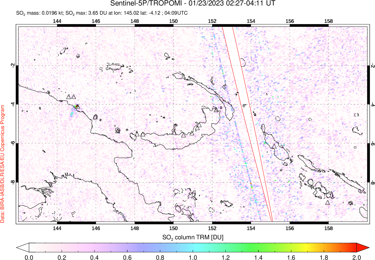 A sulfur dioxide image over Papua, New Guinea on Jan 23, 2023.