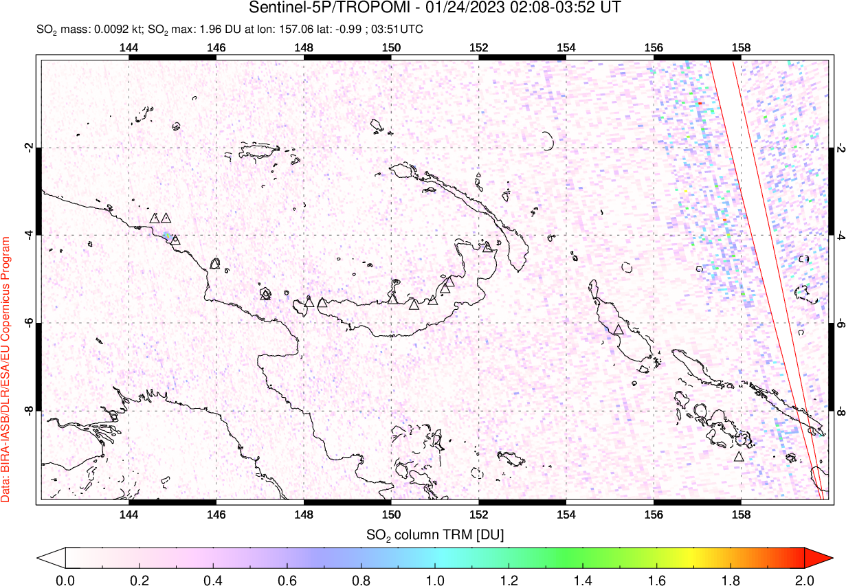 A sulfur dioxide image over Papua, New Guinea on Jan 24, 2023.