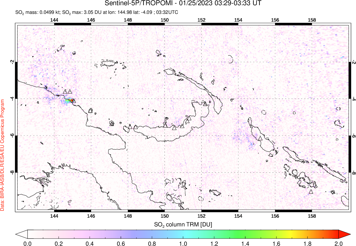 A sulfur dioxide image over Papua, New Guinea on Jan 25, 2023.