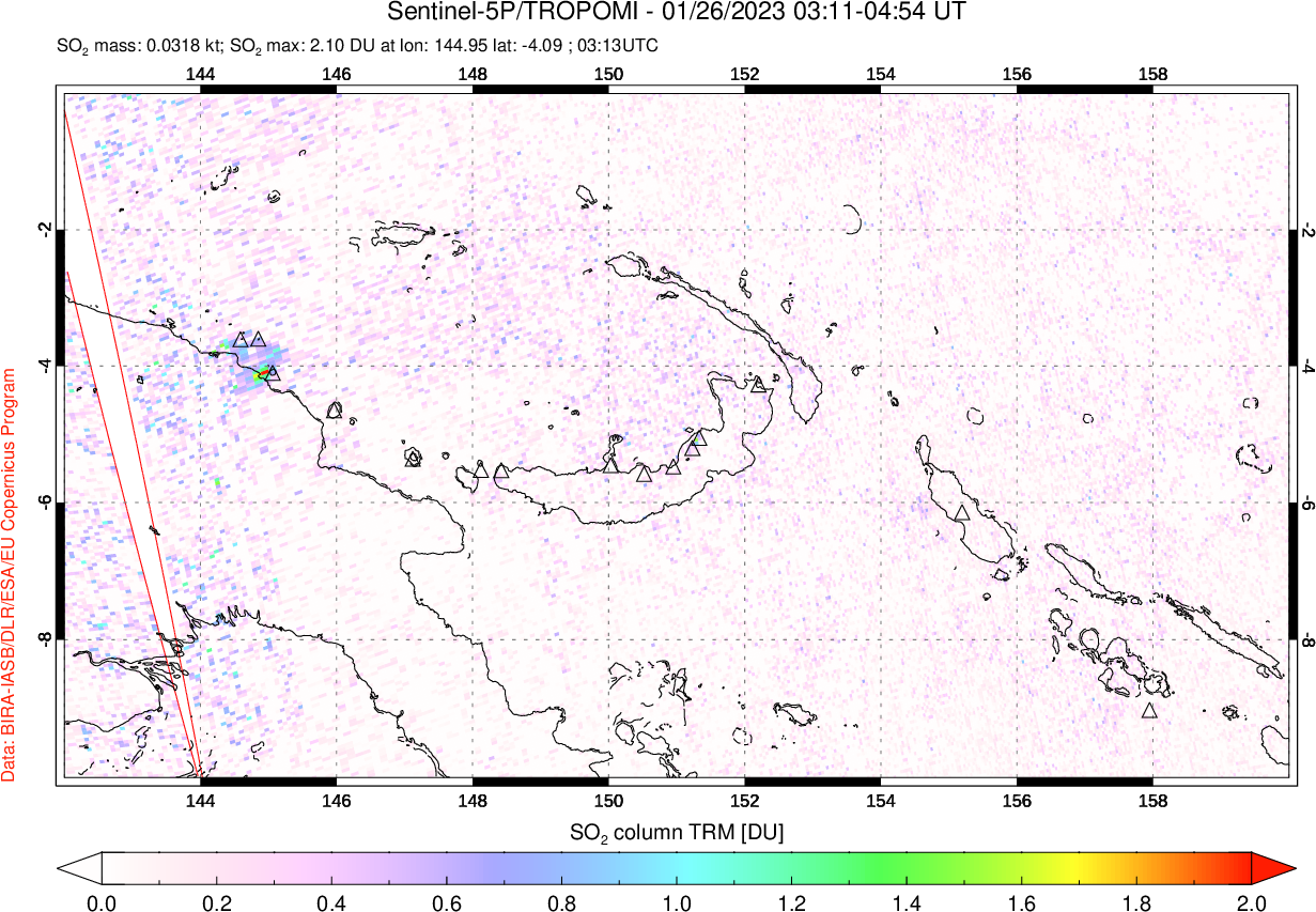A sulfur dioxide image over Papua, New Guinea on Jan 26, 2023.