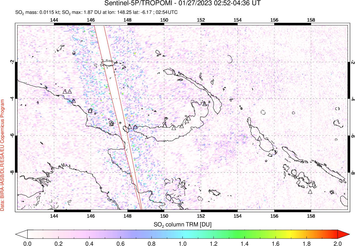 A sulfur dioxide image over Papua, New Guinea on Jan 27, 2023.
