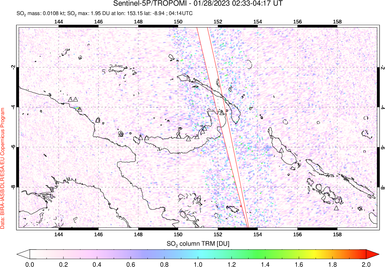 A sulfur dioxide image over Papua, New Guinea on Jan 28, 2023.