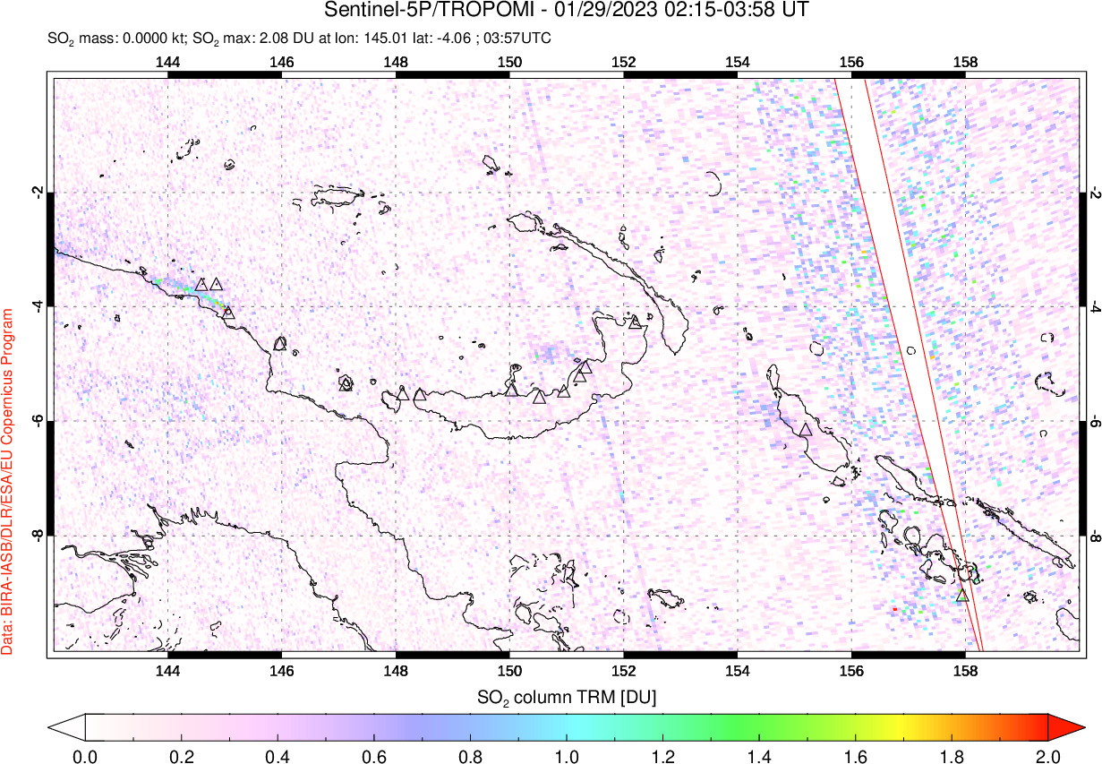 A sulfur dioxide image over Papua, New Guinea on Jan 29, 2023.