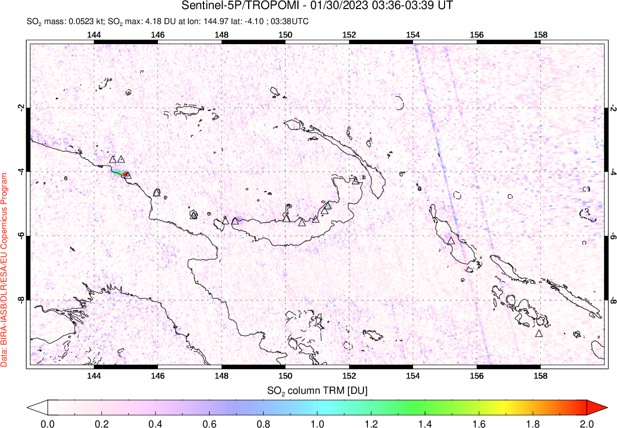 A sulfur dioxide image over Papua, New Guinea on Jan 30, 2023.