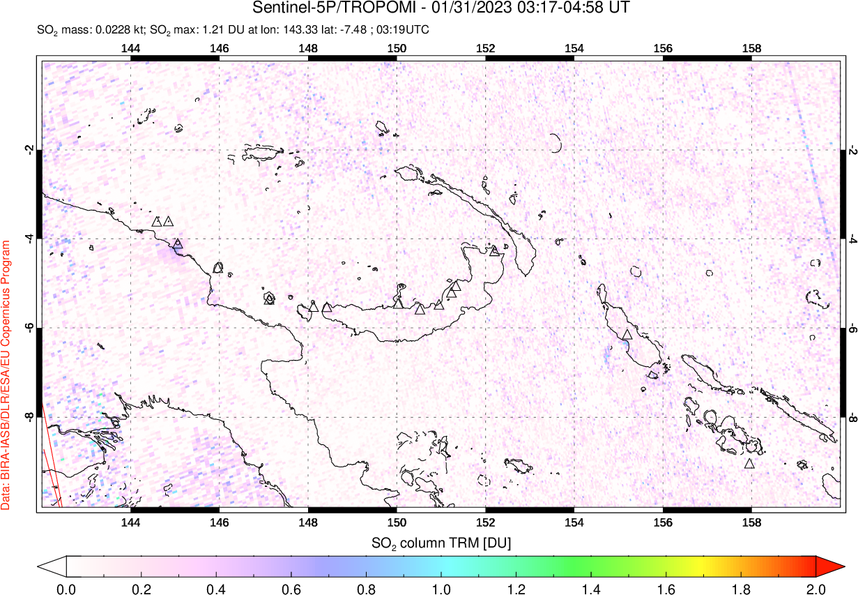 A sulfur dioxide image over Papua, New Guinea on Jan 31, 2023.