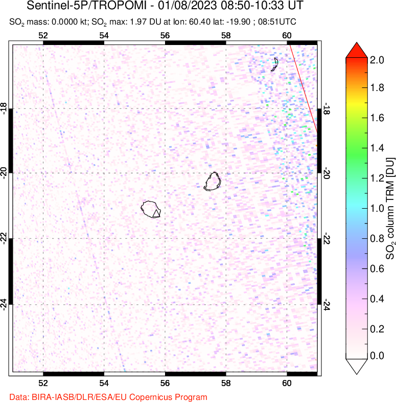 A sulfur dioxide image over Reunion Island, Indian Ocean on Jan 08, 2023.