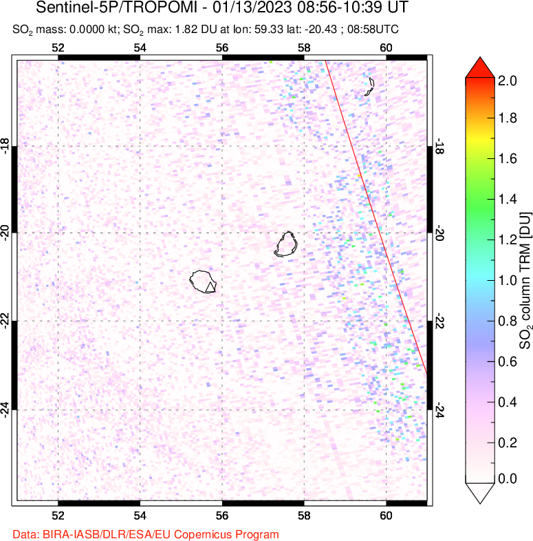 A sulfur dioxide image over Reunion Island, Indian Ocean on Jan 13, 2023.