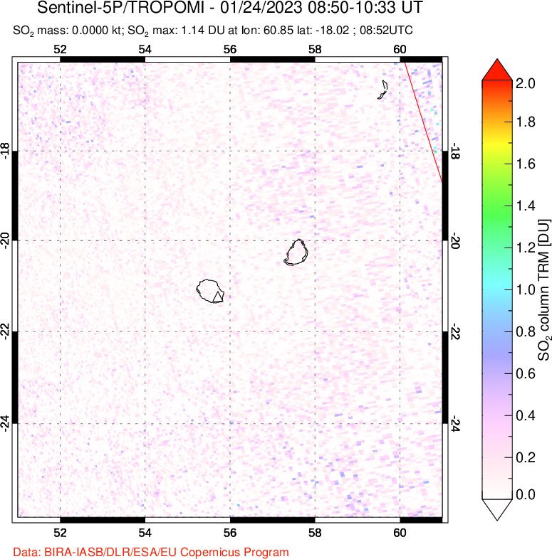 A sulfur dioxide image over Reunion Island, Indian Ocean on Jan 24, 2023.