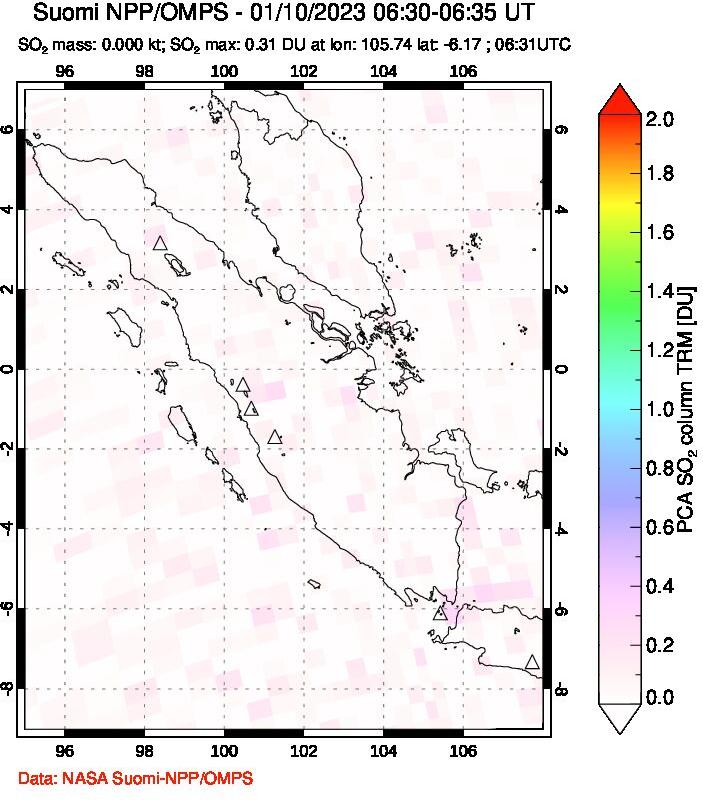 A sulfur dioxide image over Sumatra, Indonesia on Jan 10, 2023.
