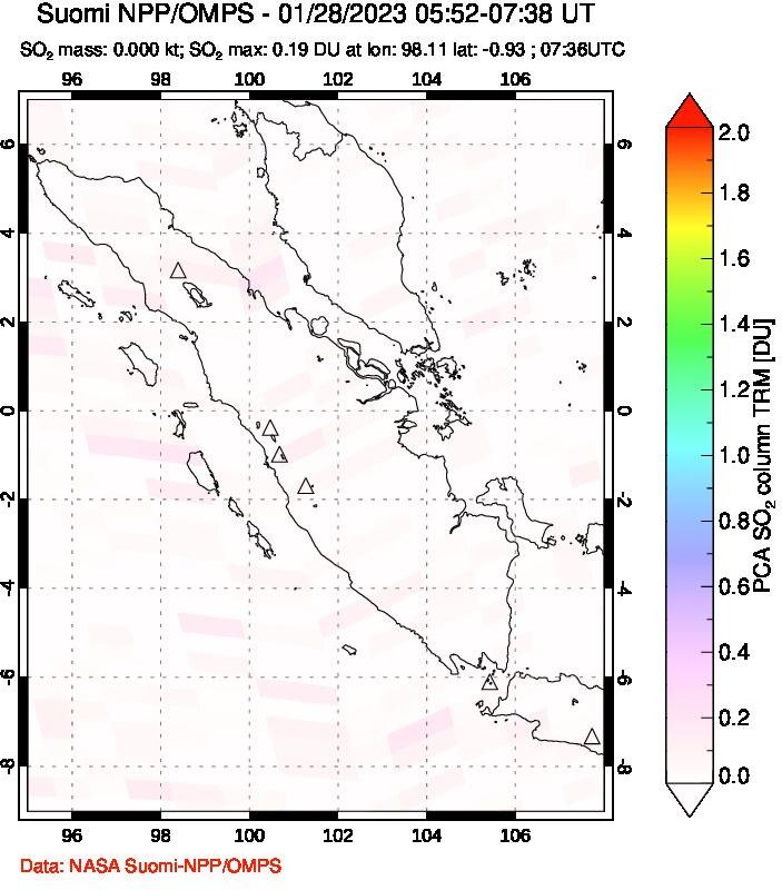 A sulfur dioxide image over Sumatra, Indonesia on Jan 28, 2023.