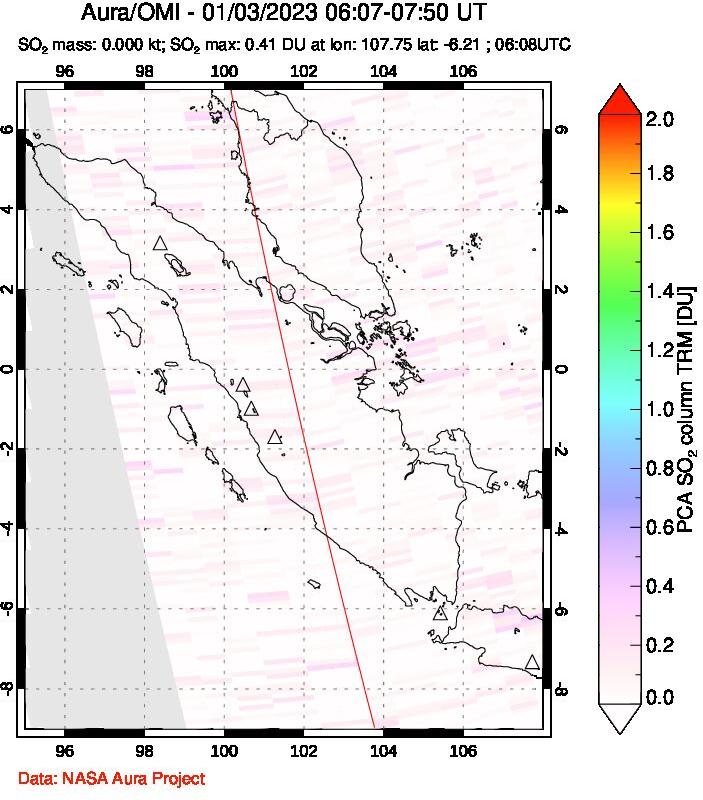 A sulfur dioxide image over Sumatra, Indonesia on Jan 03, 2023.