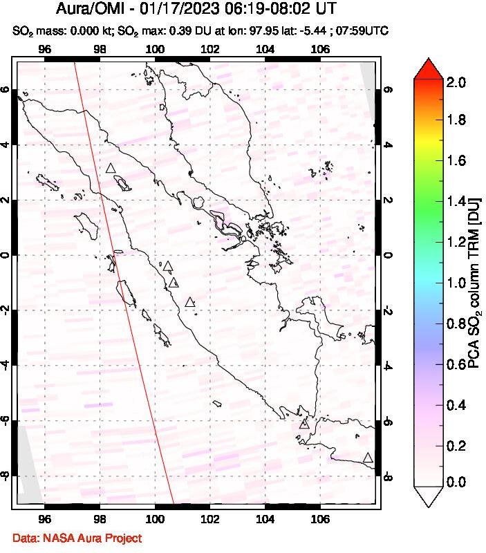 A sulfur dioxide image over Sumatra, Indonesia on Jan 17, 2023.