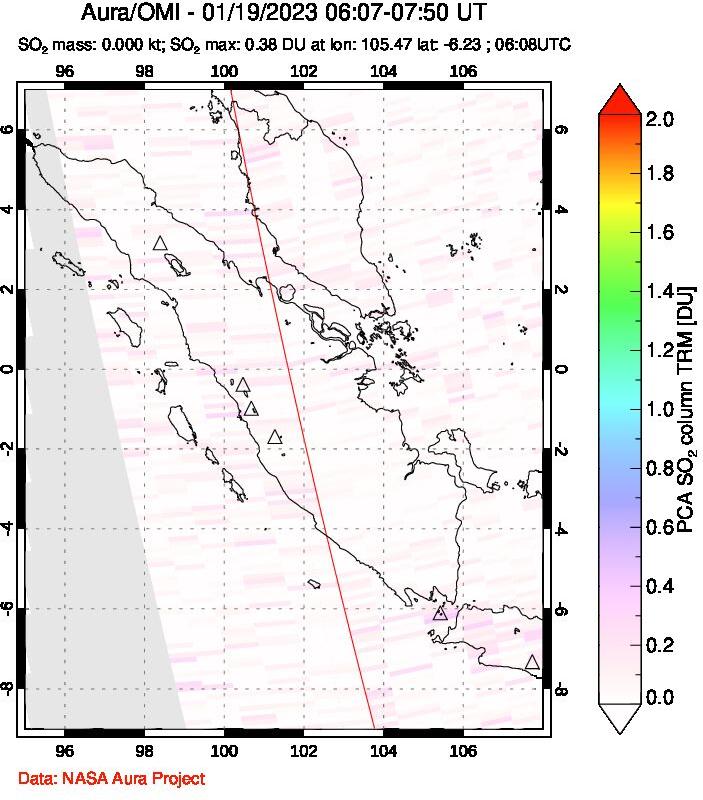 A sulfur dioxide image over Sumatra, Indonesia on Jan 19, 2023.