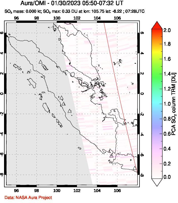 A sulfur dioxide image over Sumatra, Indonesia on Jan 30, 2023.