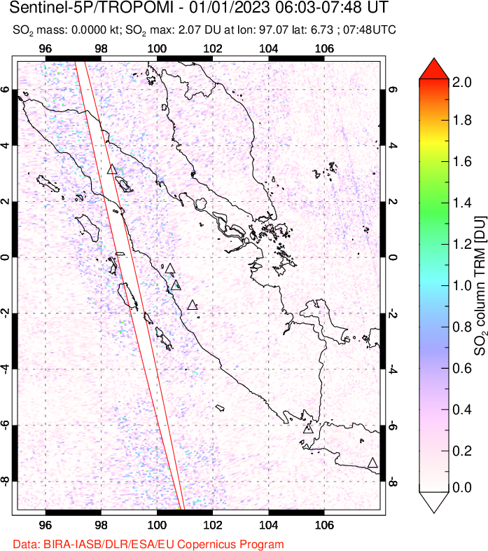 A sulfur dioxide image over Sumatra, Indonesia on Jan 01, 2023.