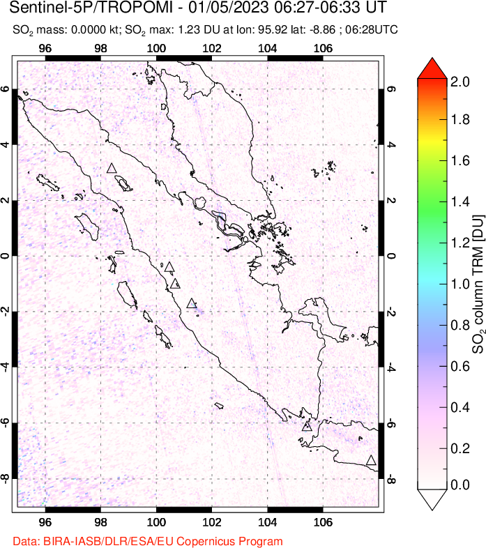 A sulfur dioxide image over Sumatra, Indonesia on Jan 05, 2023.