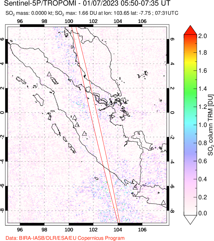 A sulfur dioxide image over Sumatra, Indonesia on Jan 07, 2023.
