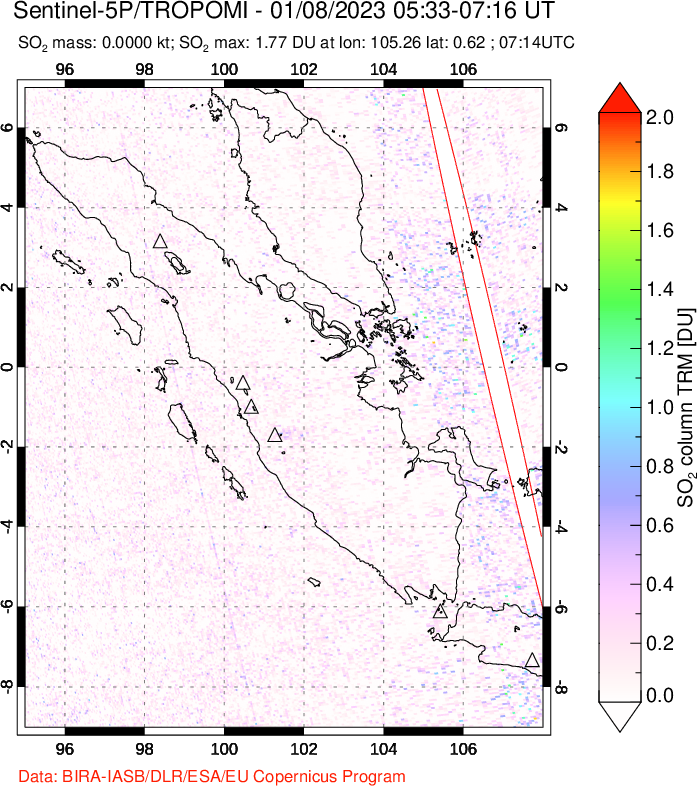 A sulfur dioxide image over Sumatra, Indonesia on Jan 08, 2023.