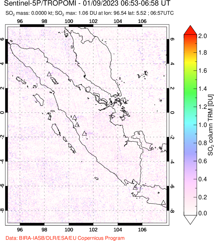 A sulfur dioxide image over Sumatra, Indonesia on Jan 09, 2023.