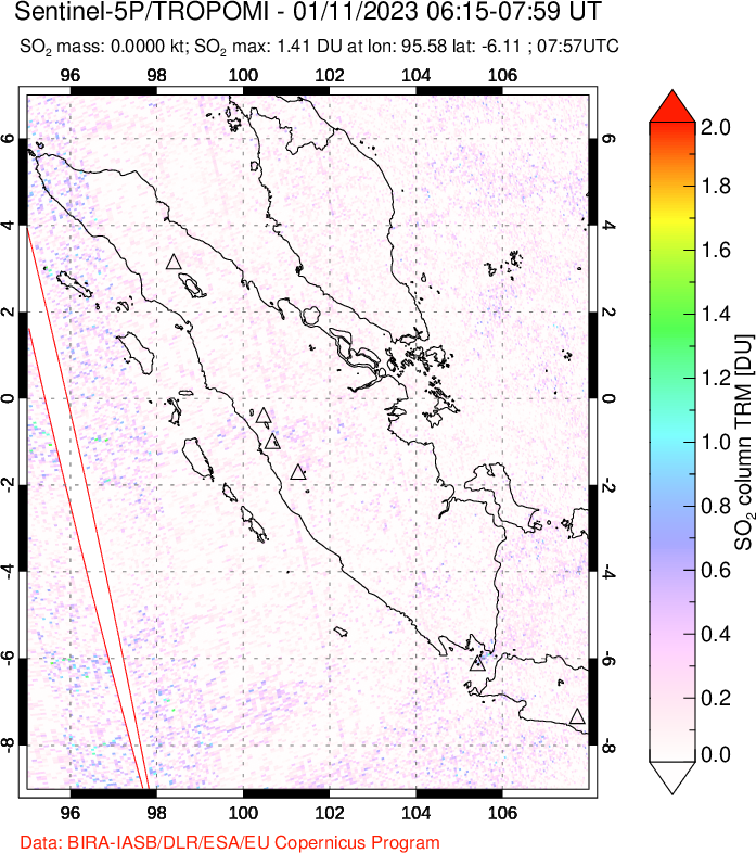 A sulfur dioxide image over Sumatra, Indonesia on Jan 11, 2023.