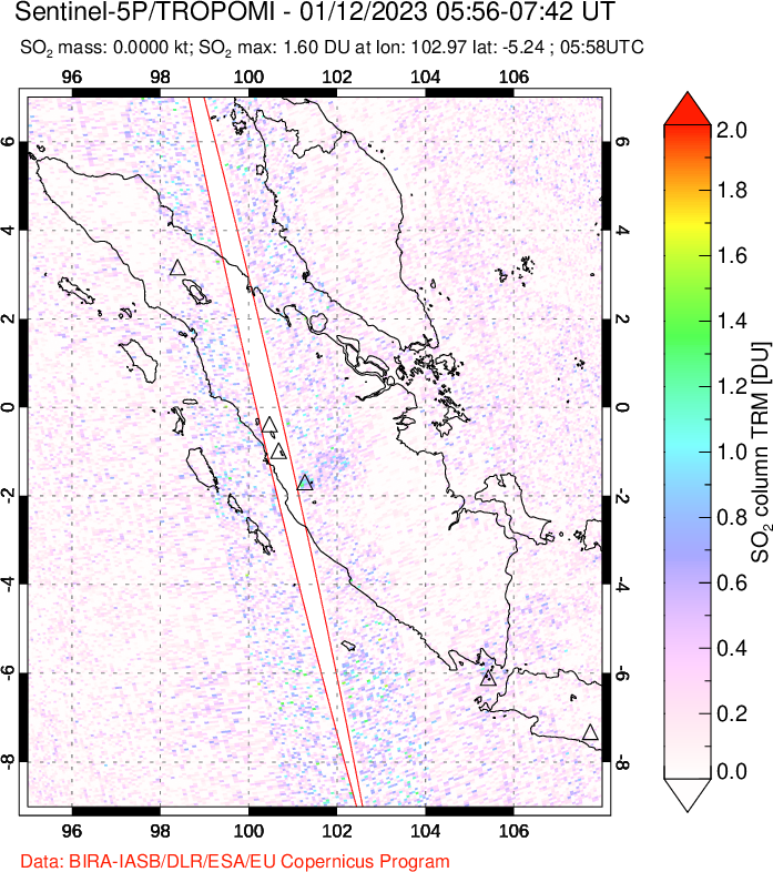 A sulfur dioxide image over Sumatra, Indonesia on Jan 12, 2023.