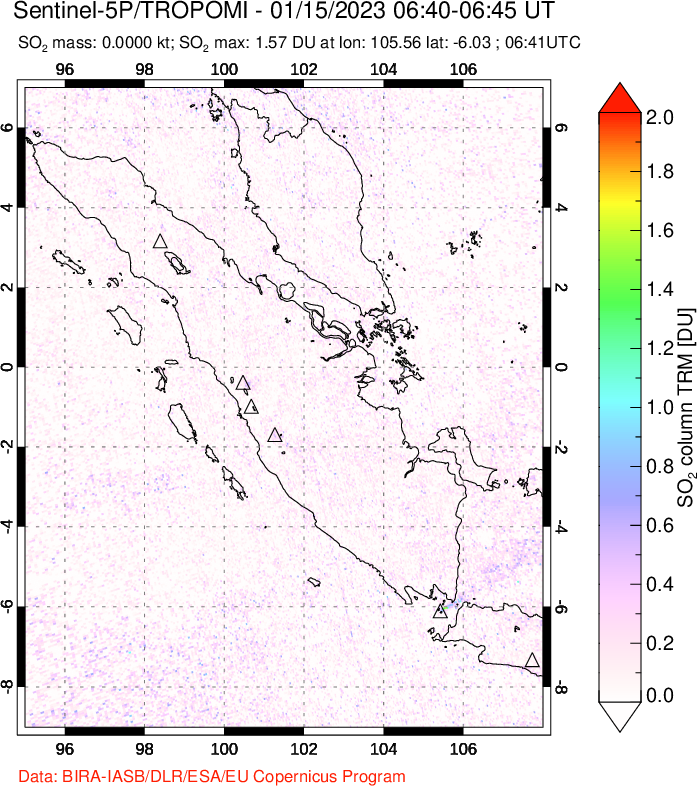 A sulfur dioxide image over Sumatra, Indonesia on Jan 15, 2023.
