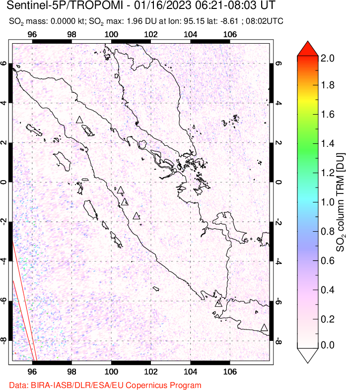 A sulfur dioxide image over Sumatra, Indonesia on Jan 16, 2023.