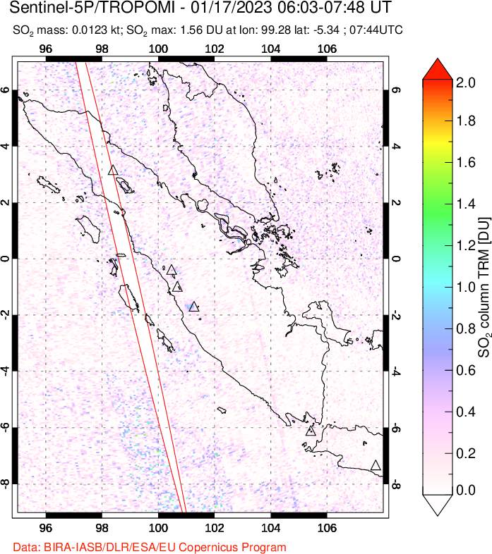 A sulfur dioxide image over Sumatra, Indonesia on Jan 17, 2023.