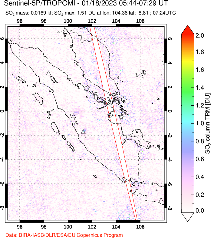 A sulfur dioxide image over Sumatra, Indonesia on Jan 18, 2023.
