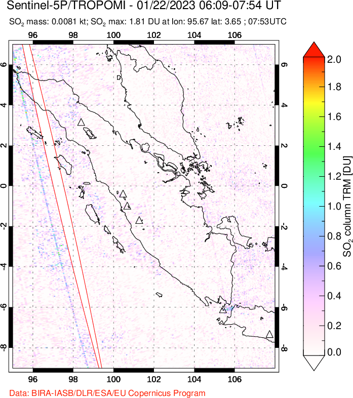 A sulfur dioxide image over Sumatra, Indonesia on Jan 22, 2023.