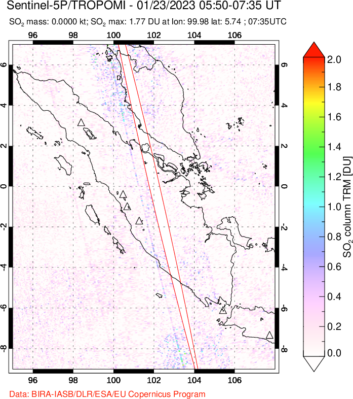 A sulfur dioxide image over Sumatra, Indonesia on Jan 23, 2023.