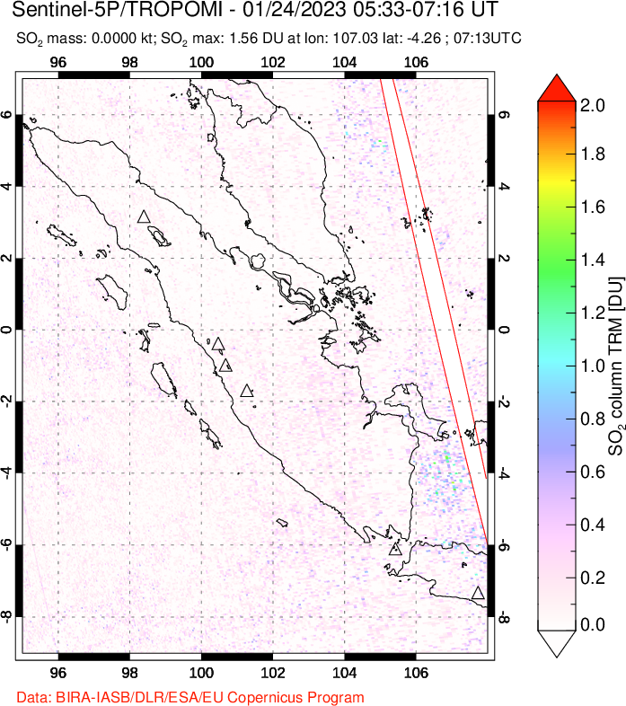 A sulfur dioxide image over Sumatra, Indonesia on Jan 24, 2023.