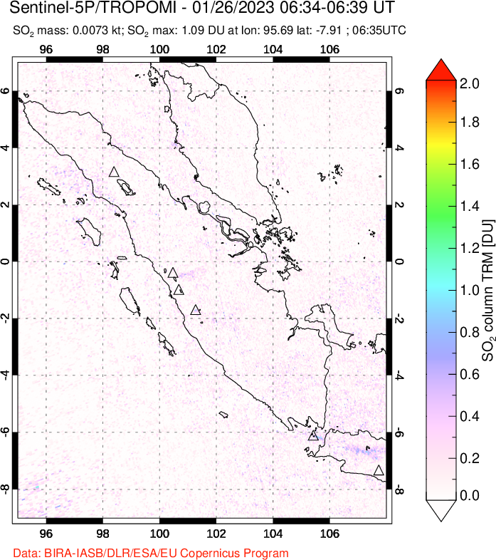 A sulfur dioxide image over Sumatra, Indonesia on Jan 26, 2023.