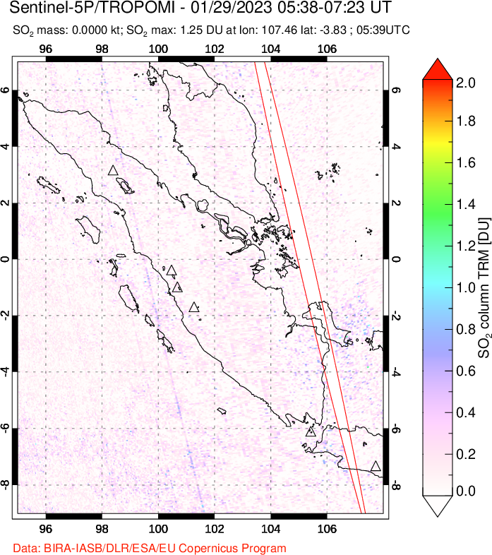A sulfur dioxide image over Sumatra, Indonesia on Jan 29, 2023.