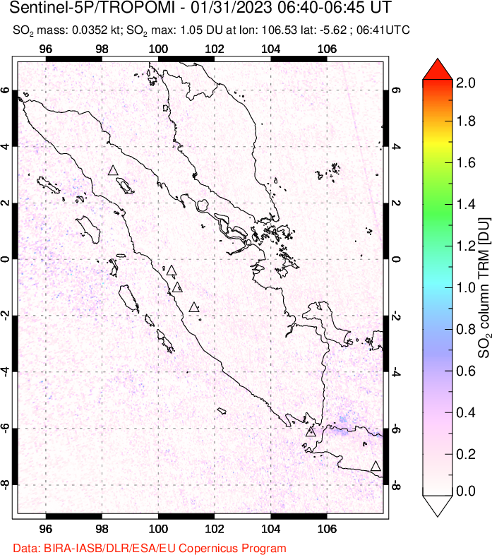 A sulfur dioxide image over Sumatra, Indonesia on Jan 31, 2023.