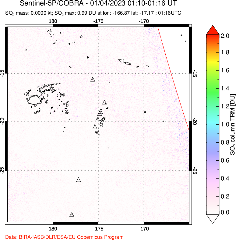 A sulfur dioxide image over Tonga, South Pacific on Jan 04, 2023.