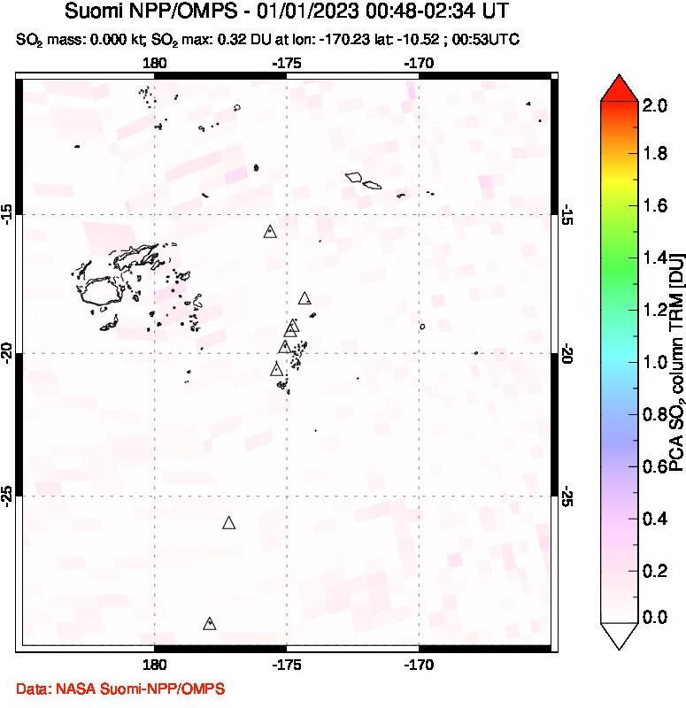 A sulfur dioxide image over Tonga, South Pacific on Jan 01, 2023.
