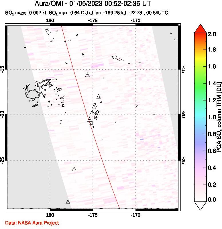 A sulfur dioxide image over Tonga, South Pacific on Jan 05, 2023.