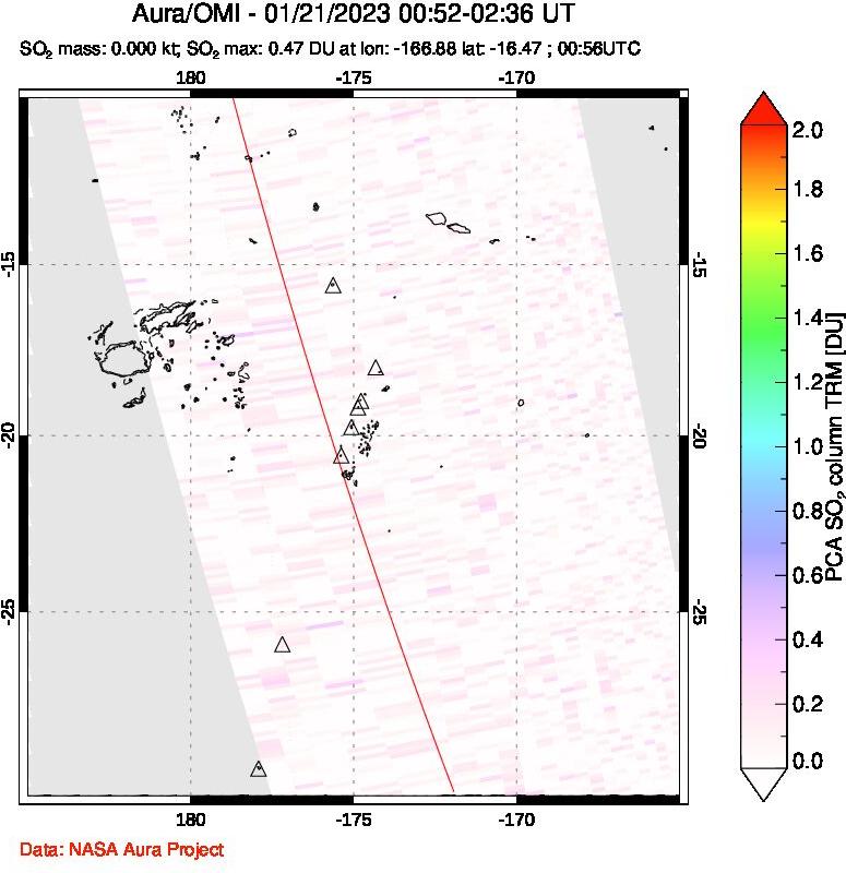 A sulfur dioxide image over Tonga, South Pacific on Jan 21, 2023.