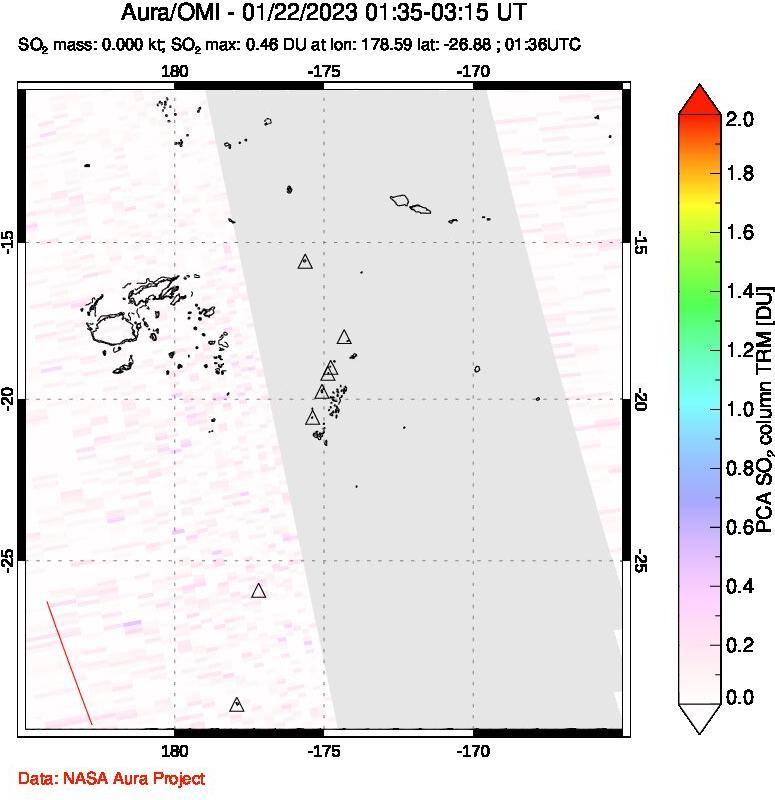 A sulfur dioxide image over Tonga, South Pacific on Jan 22, 2023.