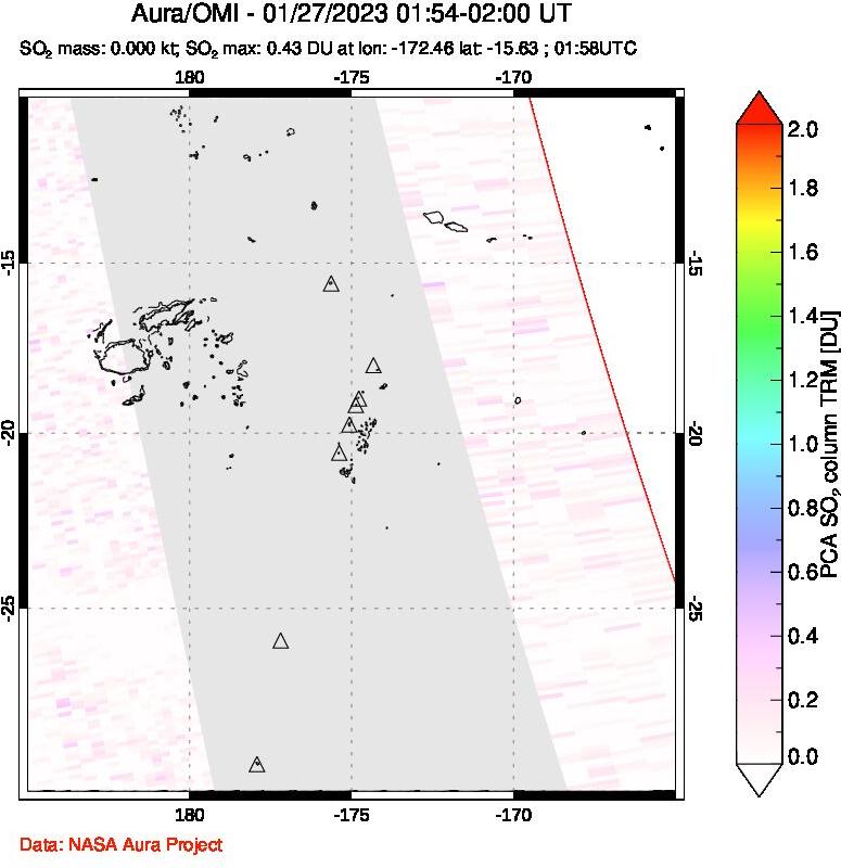 A sulfur dioxide image over Tonga, South Pacific on Jan 27, 2023.
