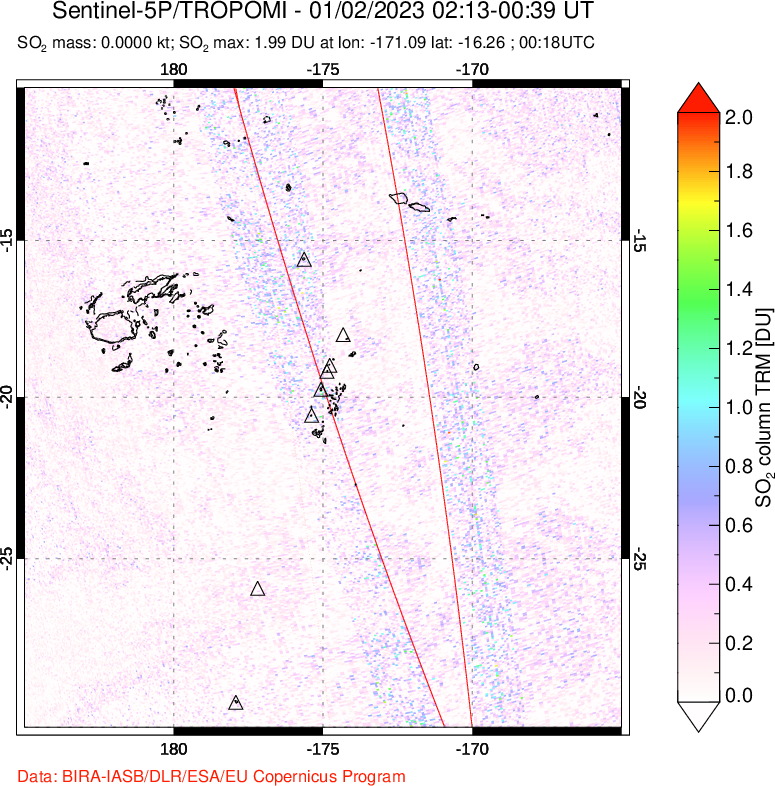 A sulfur dioxide image over Tonga, South Pacific on Jan 02, 2023.