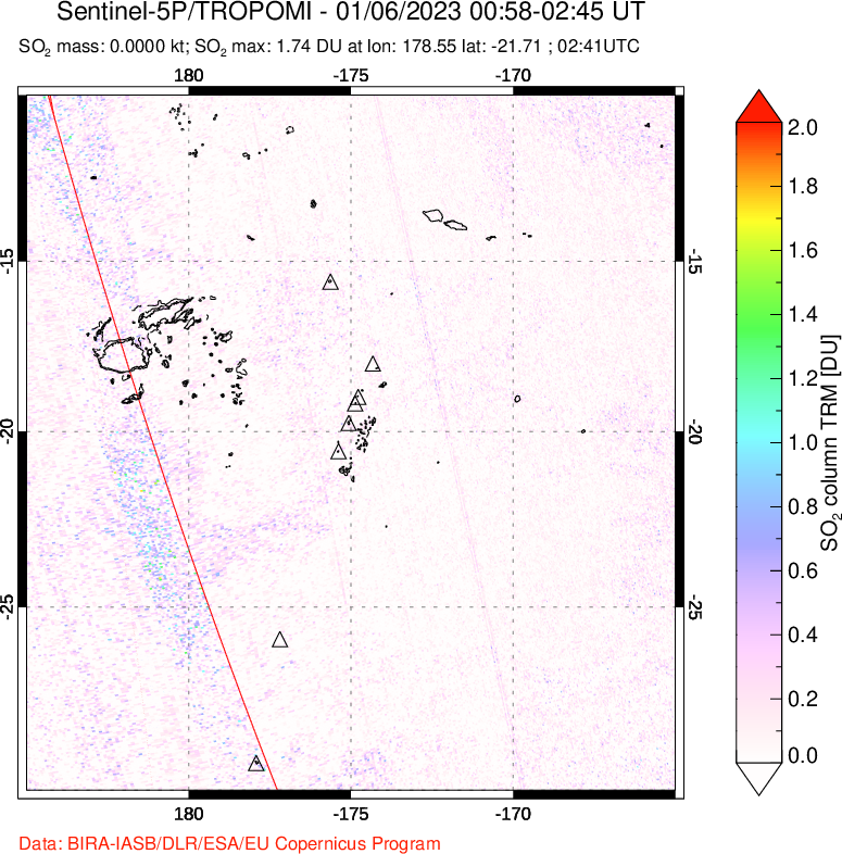 A sulfur dioxide image over Tonga, South Pacific on Jan 06, 2023.